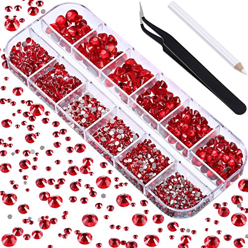 Product Cover TecUnite 2000 Pieces Flat Back Gems Round Crystal Rhinestones 6 Sizes (1.5-6 mm) with Pick Up Tweezer and Rhinestones Picking Pen for Crafts Nail Face Art Clothes Shoes Bags DIY (Red)