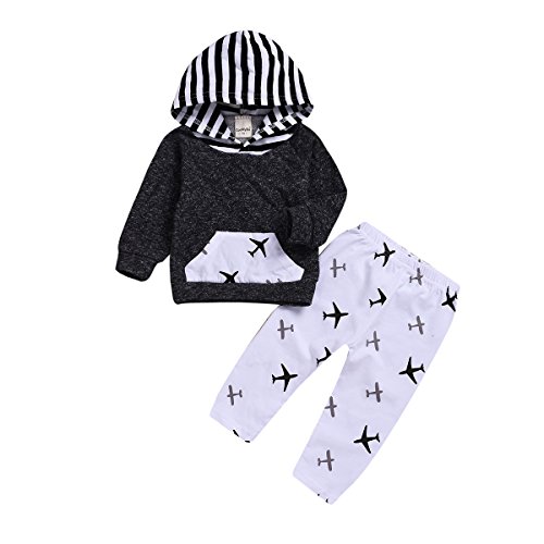 Product Cover XiaoReddou Toddler Infant Baby Airplane Long Sleeve Hoodie Tops Sweatsuit Pants Outfit Set (Gray, White, 12-18months)
