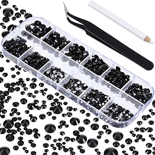 Product Cover TecUnite 2000 Pieces Flat Back Gems Round Crystal Rhinestones 6 Sizes (1.5-6 mm) with Pick Up Tweezer and Rhinestones Picking Pen for Crafts Nail Face Art Clothes Shoes Bags DIY (Black)