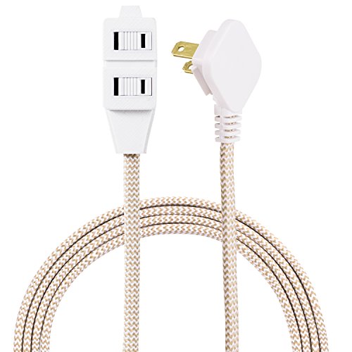 Product Cover Cordinate Designer 3-Outlet Extension Cord, 2 Prong Power Strip, Extra Long 8 Ft Cable with Flat Plug, Braided Chevron Fabric Cord, Slide-to-Lock Safety Outlets, Tan/White, 41891