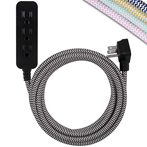 Product Cover Cordinate Designer 3-Outlet Extension Cord, 3 Prong Power Strip Surge Protector, Extra Long 10 ft Cable with Flat Plug, Braided Chevron Cord, Tamper Resistant Safety Outlets, Black/White, 41889