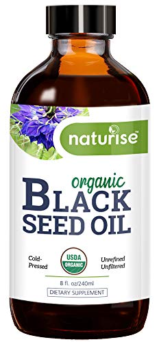 Product Cover Naturise Organic Black Seed Oil (Nigella Sativa, Cumin Seed) Cold Pressed Non-GMO, 8 oz Glass Bottle Source of Essential Fatty Acids, Omega 3 6 9, Antioxidant for Immune Boost, Joints, Skin, Hair