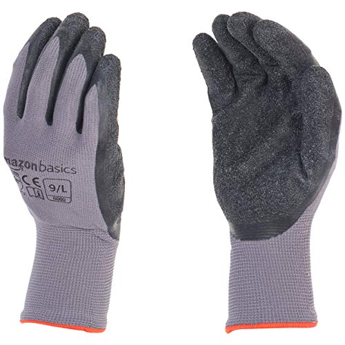 Product Cover AmazonBasics Latex Coated Work Gloves, Nylon Liner Fiber, Grey, Size 9, L, 12-Pair