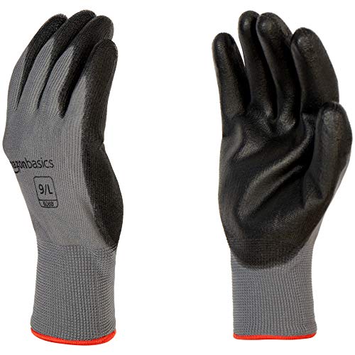 Product Cover AmazonBasics Polyurethane Coated Work Gloves, Polyester Liner Fiber, Touch Screen, Grey, Size 9, L, 12-Pair