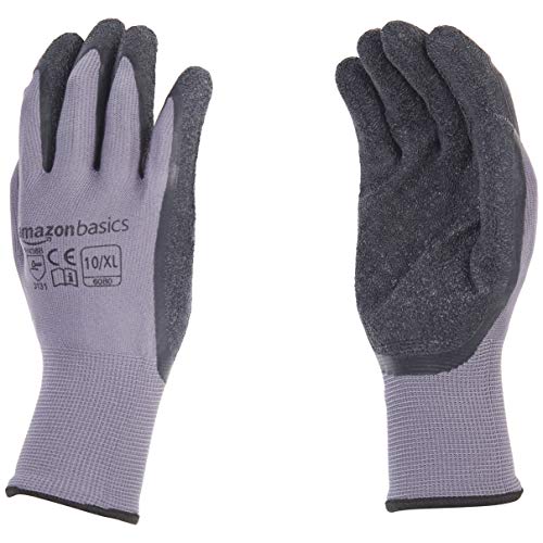 Product Cover AmazonBasics Latex Coated Work Gloves, Nylon Liner Fiber, Grey, Size 10, XL, 12-Pair