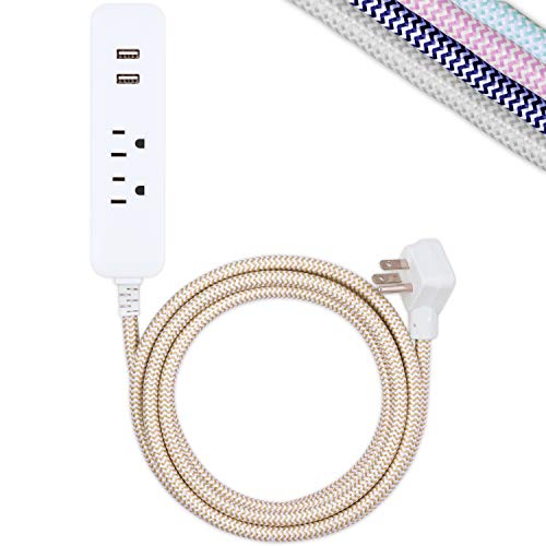 Product Cover Cordinate Designer USB Charging Station Extension Cord, Power Strip Surge Protector, 2 Outlets, 2 USB Ports, Extra Long 10 ft Cable with Flat Plug, Braided Cord, 2.4A Fast Charge, Tan/White, 41883