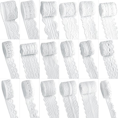 Product Cover LEOBRO 18 Rolls (3.28 Yards/Each) Assorted Pattern Cream Lace Trim Ribbon, Classic White Lace Ribbon for Floral Designing, Sewing, Quilting, Patchwork, DIY Crafts, Total 54 Meters/59 Yards