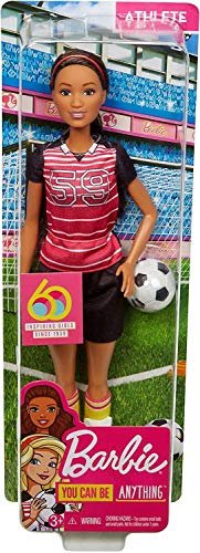Product Cover Barbie Athlete Doll, Brunette Soccer Player Doll Wearing Uniform and Socks with Soccer Ball, for 3 to 7 Year Olds