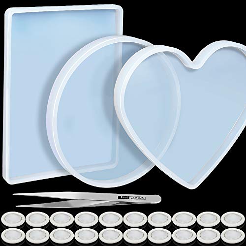 Product Cover 3 Pcs Oversized Resin Mold，Transparent Flexible Silicone Molds, Include Round, Rectangle, Heart Shaped Coaster Mold, Decorative Mold, Come with 20 Pcs Finger Sets, 1Pcs Tweezer