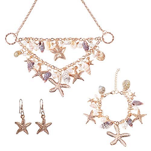 Product Cover PH PandaHall 3 in 1 Summer Sea Beach Shell Starfish Pearl Bib Statement Chunky Necklace, Bracelets, Shell Earrings for Women(Gold-Plated)