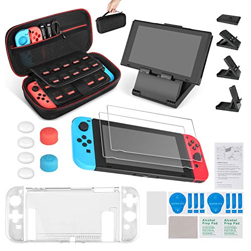 Product Cover Keten 13 in 1 Accessories Kit for Nintendo Switch Including Carrying Case/Switch Clear Cover Case/Adjustable Stand/Tempered Glass Screen Protector (2 Packs)