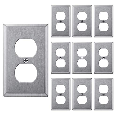 Product Cover [10 Pack] BESTTEN Duplex Receptcle Metal Wall Plate, 304SS Material, 1 Gang Standard Industrial Stainless Steel Outlet Cover, Durable Corrosion Resistant, Silver