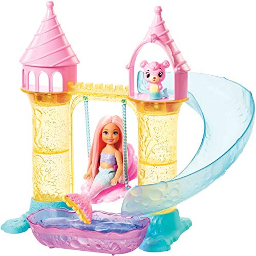 Product Cover Barbie Dreamtopia Mermaid Playground Playset, with Chelsea Mermaid Doll, Merbear Friend Figure and Sand Castle Set with Swing, Slide, Pool and Tea Party, Gift for 3 to 7 Year Olds