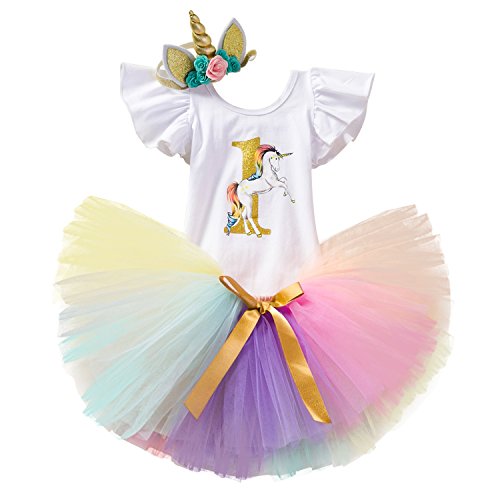 Product Cover TTYAOVO Baby Girl 1st Birthday 3pcs Unicorn Outfits with Headband & Romper & Skirts Size 1 Years Pink