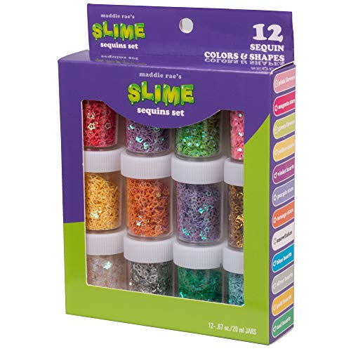 Product Cover Maddie Rae's Slime Sequin Set, Set of 12 (20g ea) Assorted Iridescent Colors and Shapes, Hearts, Stars, Flowers and Snowflakes - Great for Crafts, Slime, and scrapbooks