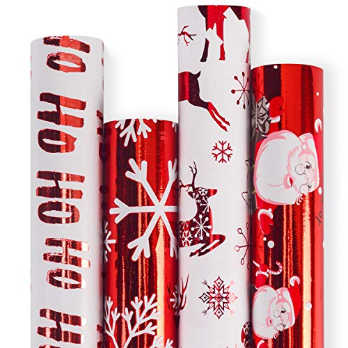 Product Cover RUSPEPA Christmas Gift Wrapping Paper - Red and White Paper with a Metallic foil Shine Christmas Elements Collection - 4 Roll - 30Inch x 10Feet Per Roll