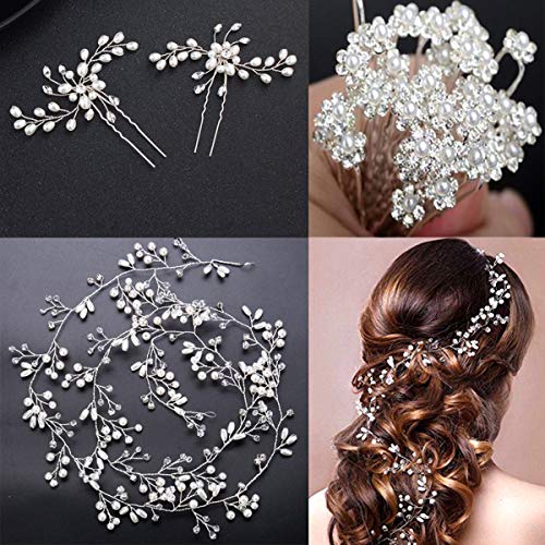 Product Cover 100cm / 39.3in Crystals Bridal Wedding Jewelry Hair Accessories for Women, 1 Pair of Crystal Rhinestone Hair Pins, 20 Pack Pearl Flower Crystal Hair Pins Clips,1 Pack Hair Headpiece Pearl