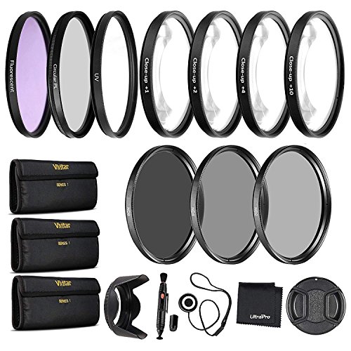 Product Cover 55mm Precision 10-PC Filter Kit Accessory Bundle - Includes UV, CPL, FLD, ND2, ND4, ND8 and 4 Macro Close-up Filters, Lens Hood, Cap, Cases and More