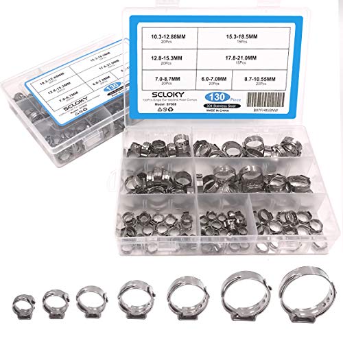 Product Cover Seloky 130Pcs 7-21mm 304 Stainless Steel Cinch Clamp Rings, Single Ear Stepless Hose Clamps Assortment Kit, Crimp Pinch Fitting Tools -Packed in Plastic Box