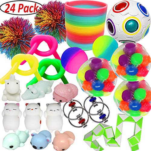 Product Cover Jalousie 24 PCs Sensory Toy Fidget Stress Relief Toy for Adults and Kids - Conform to ASTM Toy Standard Value Bundle - Include Squeeze Balls Stretchy Strings Squishy Toy Puzzle Rubber Stringy Ball