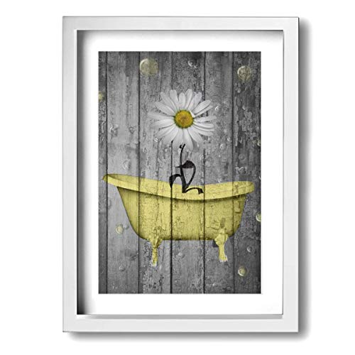 Product Cover Ale-art Rustic Picture Frame Bathroom Wall Art Daisy Flower Bubbles Yellow Gray Vintage Rustic Bath Wall Art Ready to Hang for Wall Decor