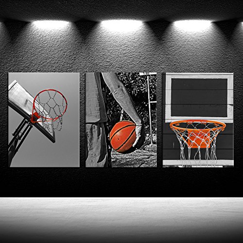 Product Cover iKNOW FOTO 3 Piece Black and White Sports Canvas Wall Art Basketball Poster Art Prints Painting Framed Pictures Art Work for Gym Walls Decor Boys Gift 12x16inchx3pcs