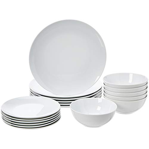 Product Cover AmazonBasics 18-Piece Kitchen Dinnerware Set, Dishes, Bowls, Service for 6, White Porcelain Coupe