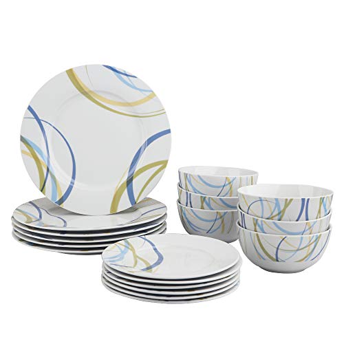 Product Cover AmazonBasics 18-Piece Kitchen Dinnerware Set, Dishes, Bowls, Service for 6, Cool Ribbons