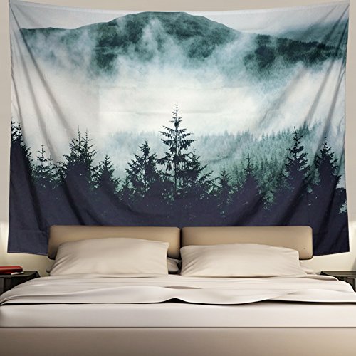 Product Cover Heopapin Misty Forest with Mountains Tapestry Fog Fantasy Magical Trees Landscape Wall Hanging Mandala Bohemian Wall Tapestry 3D Vision Nature Tree Tapestry Wall Hanging