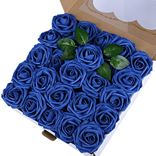Product Cover Breeze Talk Artificial Flowers Navy Blue Roses 50pcs Realistic Fake Roses w/Stem for DIY Wedding Bouquets Centerpieces Arrangements Party Baby Shower Home Decorations (50pcs Navy Blue)
