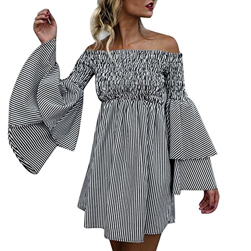 Product Cover Wobuoke Women's Holiday Off Shoulder Stripe Bohemian Party Ladies Casual Dress Long Sleeve Dress (XXXL, Black)