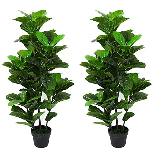 Product Cover Leisure 3.5 ft Artificial Fiddle Leaf fig Tree Indoor/Outdoor UV Resistant,Set of Two in a Brown Plastic Pot, Green