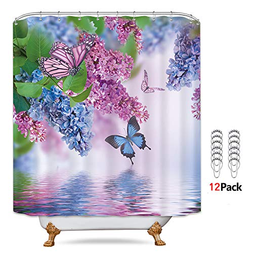 Product Cover Riyidecor Blue Lilac Butterfly Up Lake Shower Curtain Set 72x78 Inch with Metal 12 Pack Hooks Pink Butterfly Purple Wild Flower Teen Girls Spring Decor Fabric Set Polyester Waterproof