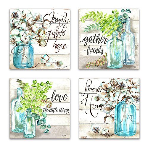 Product Cover JLXart Wall Art for Bedroom Canvas Print Beautiful Watercolor-Style Family Gathers Here and Forever Home Mason Jar Floral Artwork Four 12x12inch Framed Prints