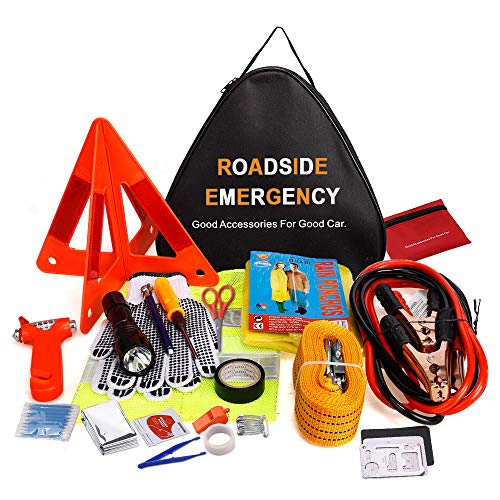 Product Cover Adakiit Car Emergency Kit, Multifunctional Roadside Assistance 40-in-1 Auto Emergency Kit with Jumper Cables,Tow Rope,Triangle,Flashlight,Tire Pressure Gauges,Safety Hammer,etc