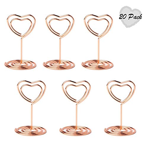 Product Cover Jofefe 20pcs Mini Place Card Holders Table Number Stands Table Card Holder Wire Table Picture Photo Holder with Heart Shape Menu Memo Clips for Wedding Favors, Rose Gold