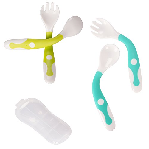 Product Cover Baby Utensils Spoons Forks Set with Travel Safe Case Toddler Babies Children Feeding Training Spoon Easy Grip Heat-Resistant Bendable Soft Perfect Self Feeding Learning Spoons 2 Sets