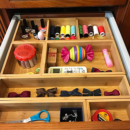 Product Cover Bamboo Junk Drawer Organizer and 6 Storage Box Dividers Set,8 Compartment Organization Tray Holder for Craft,Sewing,Office,Bathroom.Kitchen ...