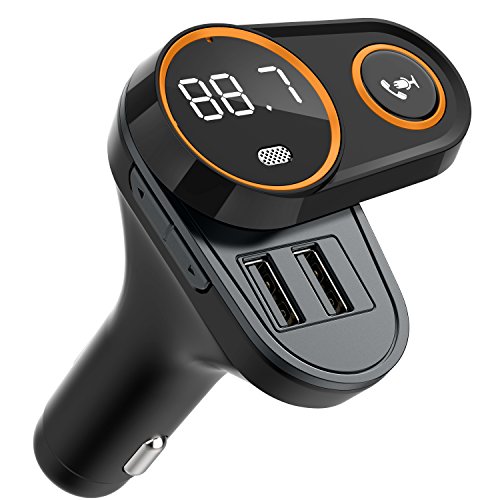 Product Cover Bluetooth FM Transmitter for Car, (Rotating Design) Wireless Bluetooth FM Radio Adapter Car Kit with Hands-Free Calling, 5V/2.4A&2.4 Concealled Dual USB Charging Ports. (Black)