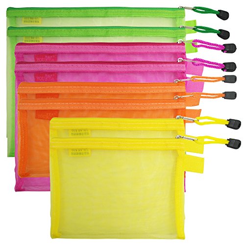 Product Cover 8 Pcs Zipper Mesh File Bags Folder Document Pockets with Bill B5 A5 A6 Size, AFUNTA 4 Color 4 Size Nylon Pencil Case Cosmetic Storage Office Pouch Holder- Orange, Yellow, Green, Rose Red