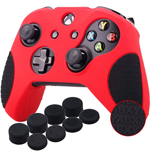 Product Cover YoRHa Thickened Rubber Silicone Cover Skin Case 3D Letters Massage Grip for Xbox One S/X Controller x 1(Red&black) With PRO Thumb Grips x 8
