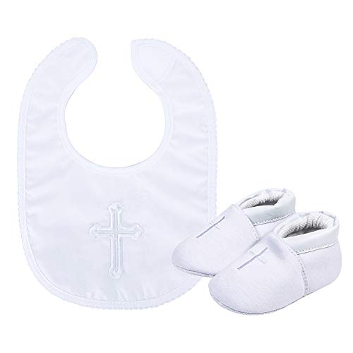 Product Cover Baby Boys' Premium Soft Sole Cross Christening Baptism Slipper Shoes with Embroidered Cross Bib, 2 Pack 6-12 Months