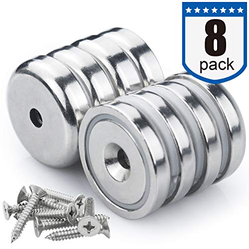 Product Cover Super Power Rare Earth Cup Magnets, 95 LBS Holding Force, 1.26 inch x 0.3 inch Diameter, Industrial Strength Round Base Neodymium Magnets, Countersunk Hole for Home, Kitchen, Workplace, Pack of 8