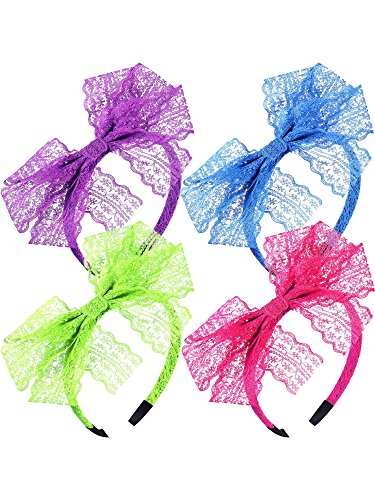 Product Cover 80's Lace Headband Costume Accessories for 80s Theme Party, No Headache Neon Lace Bow Headband, Set of 4 (4 Colors A)