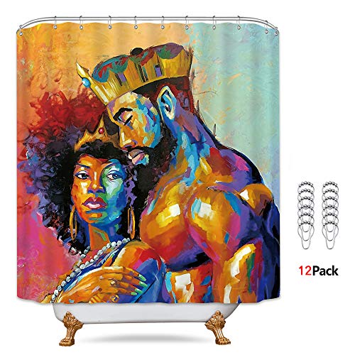 Product Cover Riyidecor King African American Lovers Couple Shower Curtain Metal Hooks Queen Colorful Decor Fabric Bathroom Set Polyester Waterproof Bathroom 72x72 Inch
