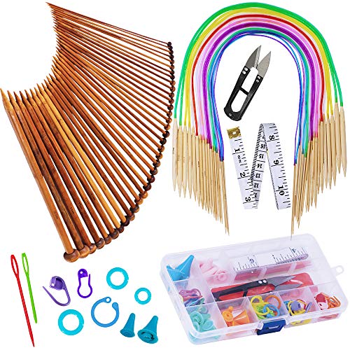 Product Cover Exquiss Knitting Needles Set-18 Pairs 18 Sizes Bamboo Circular Knitting Needles with Colored Tube + 36 Pcs 18 Sizes Single Pointed Bamboo Knitting Needles 2.0 mm-10.0 mm + Weaving Tools Knitting Kits