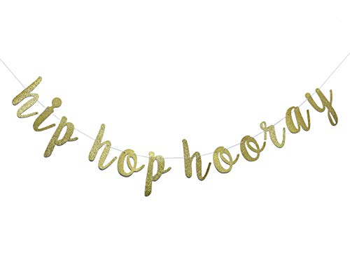 Product Cover Hip Hop Hooray Gold Glitter Banner，Birthday, Play Room, Housewarming,Easter,Springtime Decor, Gallery Wall, Photo Prop (Gold)