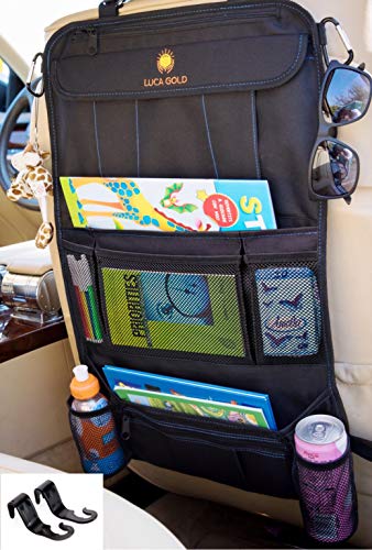 Product Cover Premium Car Back Seat Organizer by Luca Gold | Multifunctional Vehicle Storage Bag with Clear Touch Screen Pocket + Headrest Holder Hook