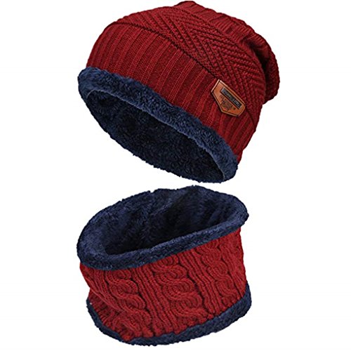 Product Cover Warm Knitted Hat and Circle Scarf Set OutdoorsScarf Beanie Skull Cap for Winter (red)