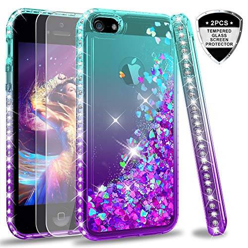 Product Cover iPhone 5S Case, iPhone SE Case with [2 Pack] Tempered Glass Screen Protector for Girls Women, LeYi Glitter Bling Liquid Quicksand TPU Protective Phone Case for iPhone 5 ZX Gradient Teal/Purple